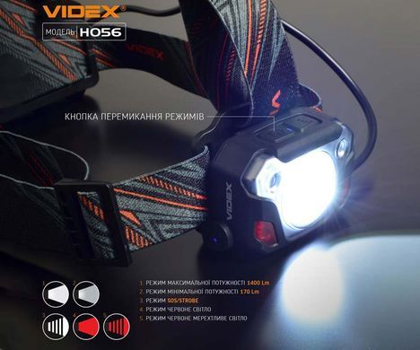 Налобний світлодіодний ліхтарик Videx 1400Lm 6500K
